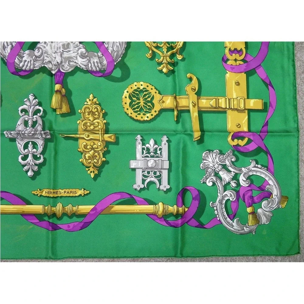 Hermes Green and Gold Scarf with Purple Accents - Picture 6 of 15